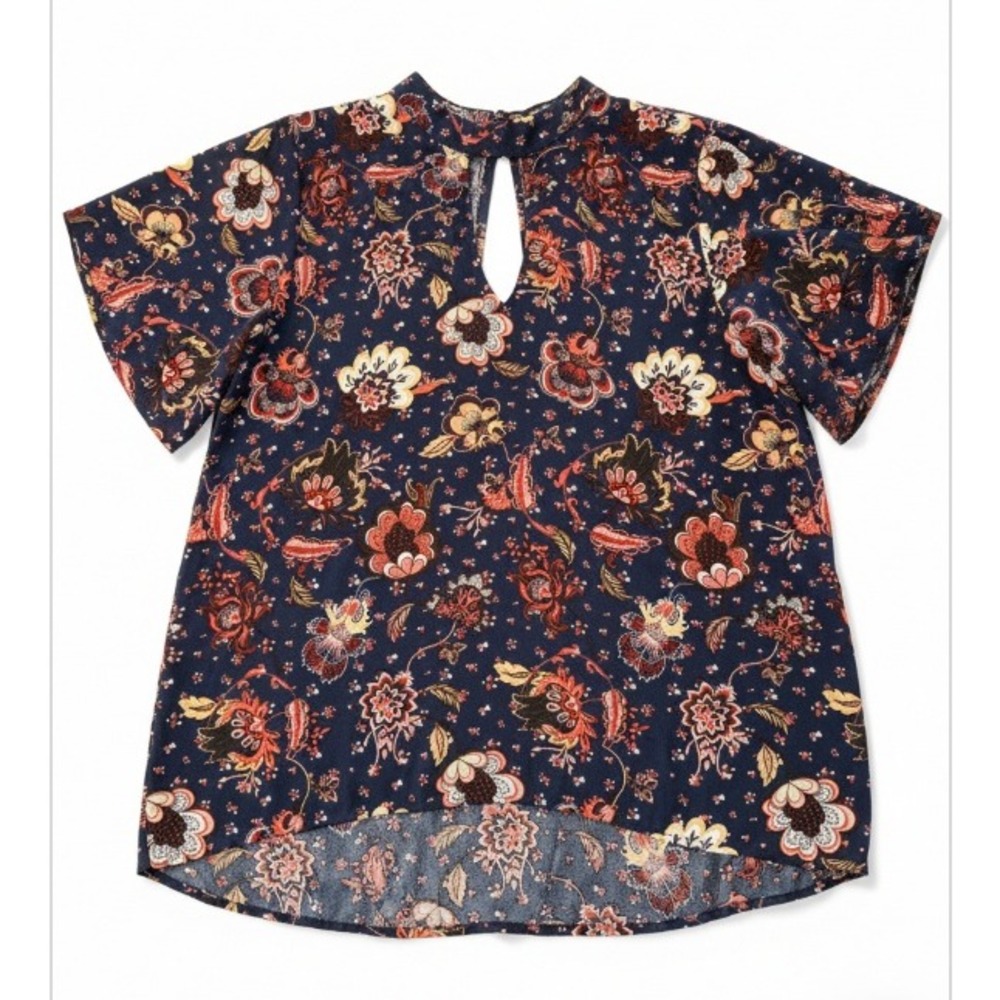 Eyeshadow Floral Keyhole Mock Neck Boho Flutter Sleeve Top Peasant Boho Medium